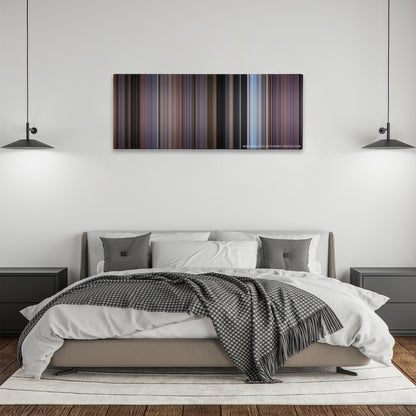 Rocky III color palette canvas above a bed, between two black pendant lamps