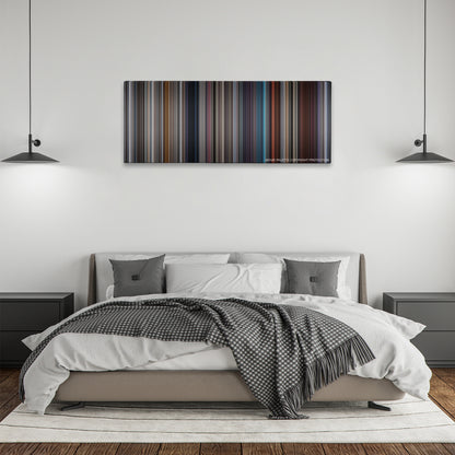 K-PAX color palette canvas above a bed, between two black pendant lamps