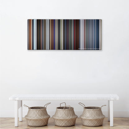Tomorrowland color palette canvas above a white bench with three woven baskets