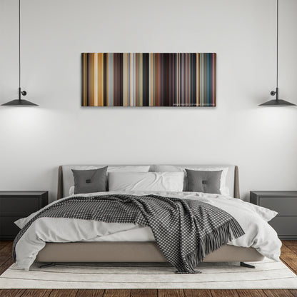 The Last King of Scotland color palette canvas above a bed, between two black pendant lamps