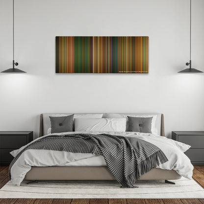 Swordfish color palette canvas above a bed, between two black pendant lamps