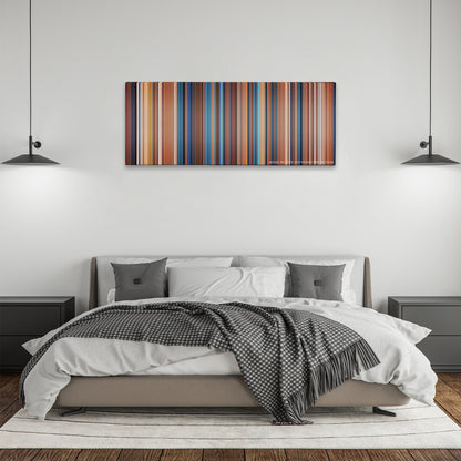 This Means War color palette canvas above a bed, between two black pendant lamps