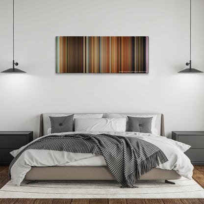 Zack and Miri Make a Porno color palette canvas above a bed, between two black pendant lamps
