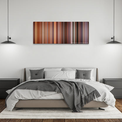 Falling Down color palette canvas above a bed, between two black pendant lamps