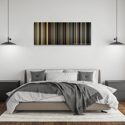The Promise color palette canvas above a bed, between two black pendant lamps
