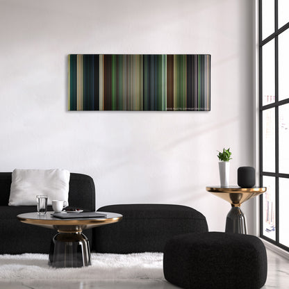 Platoon color palette canvas above a black sofa with a gold-topped table