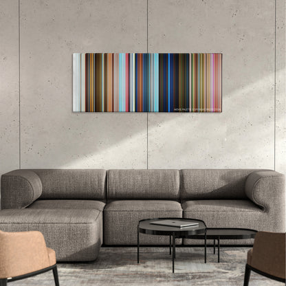 Penguins of Madagascar color palette canvas on a concrete wall above a gray sectional sofa