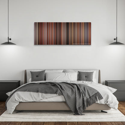 The Bank Job color palette canvas above a bed, between two black pendant lamps
