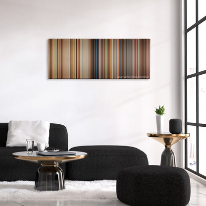 Garfield color palette canvas above a black sofa with a gold-topped table