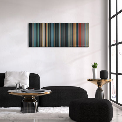 Justice League color palette canvas above a black sofa with a gold-topped table