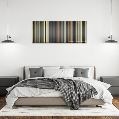Eye in the Sky color palette canvas above a bed, between two black pendant lamps