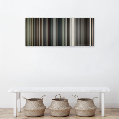 Interstellar color palette canvas above a white bench with three woven baskets