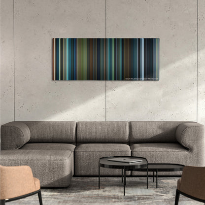 Miss Peregrine's Home for Peculiar Children color palette canvas on a concrete wall above a gray sectional sofa
