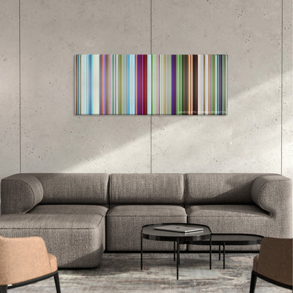 The SpongeBob SquarePants Movie color palette canvas on a concrete wall above a gray sectional sofa