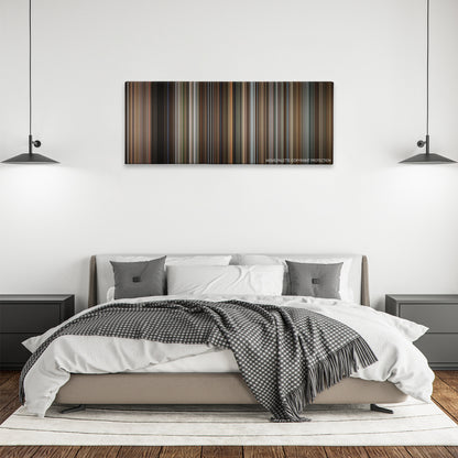 A Perfect Murder color palette canvas above a bed, between two black pendant lamps