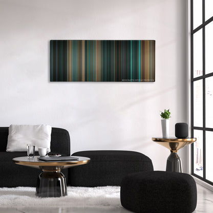 Live Free or Die Hard color palette canvas above a black sofa with a gold-topped table
