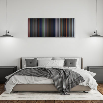 Battle Royale color palette canvas above a bed, between two black pendant lamps