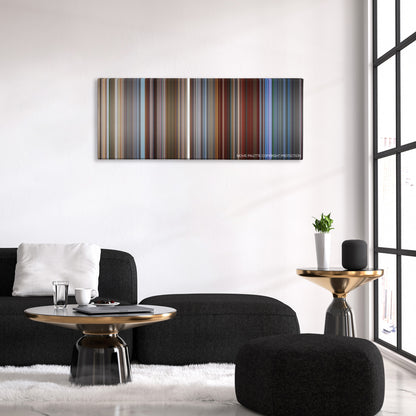 Sky High color palette canvas above a black sofa with a gold-topped table