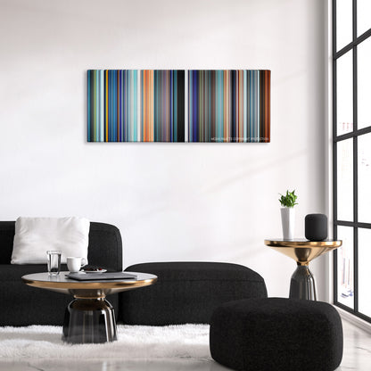 Ultraviolet color palette canvas above a black sofa with a gold-topped table