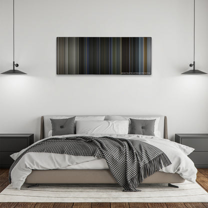 Bright color palette canvas above a bed, between two black pendant lamps