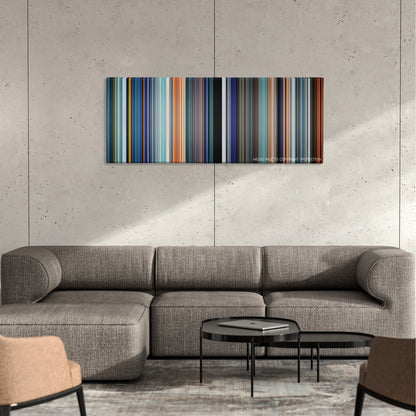 Ultraviolet color palette canvas on a concrete wall above a gray sectional sofa