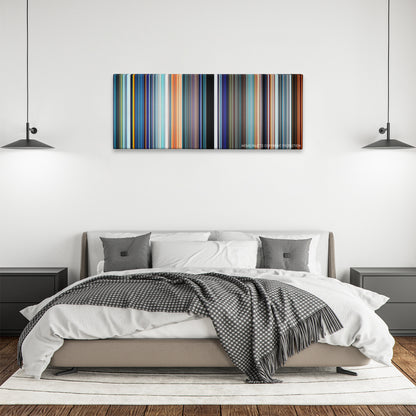 Ultraviolet color palette canvas above a bed, between two black pendant lamps