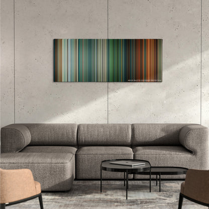 Deepwater Horizon color palette canvas on a concrete wall above a gray sectional sofa
