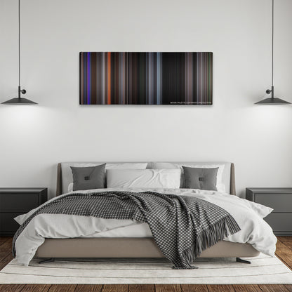 Hostel color palette canvas above a bed, between two black pendant lamps