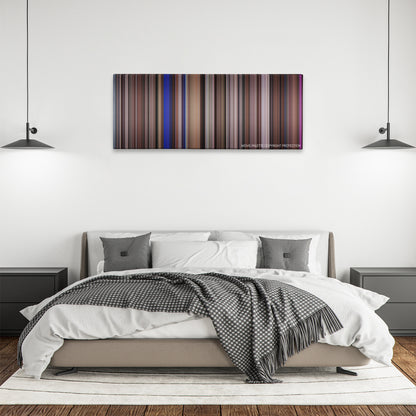 Cocktail color palette canvas above a bed, between two black pendant lamps