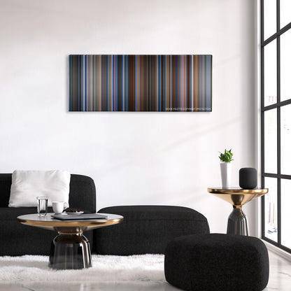 Wag The Dog color palette canvas above a black sofa with a gold-topped table