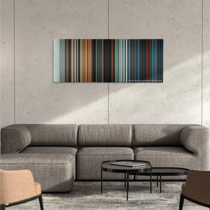 The Last Airbender color palette canvas on a concrete wall above a gray sectional sofa
