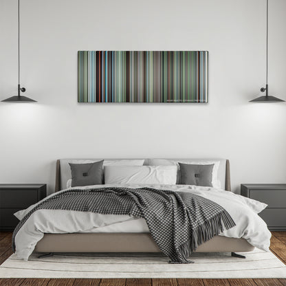 The Tree of Life color palette canvas above a bed, between two black pendant lamps