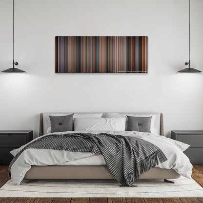 The Ninth Gate color palette canvas above a bed, between two black pendant lamps