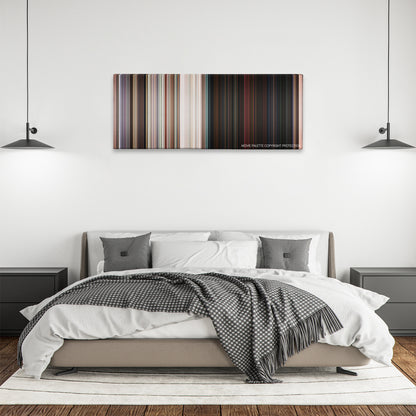 No Escape color palette canvas above a bed, between two black pendant lamps