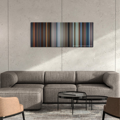 Star Trek IV: The Voyage Home color palette canvas on a concrete wall above a gray sectional sofa