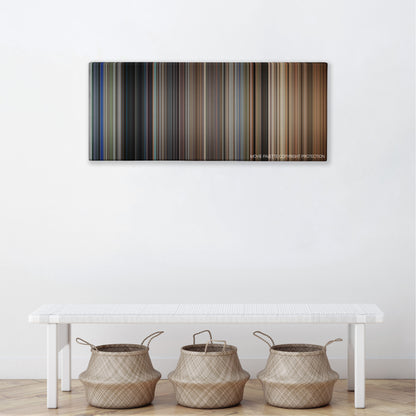 Assassins color palette canvas above a white bench with three woven baskets