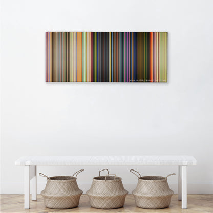 Toy Story 3 color palette canvas above a white bench with three woven baskets