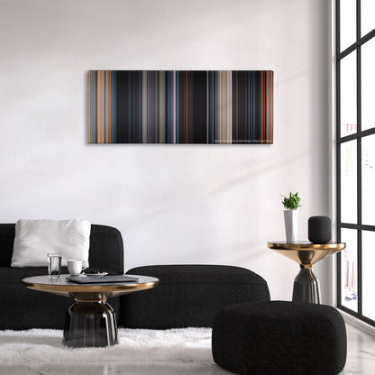 Fast & Furious 6 color palette canvas above a black sofa with a gold-topped table