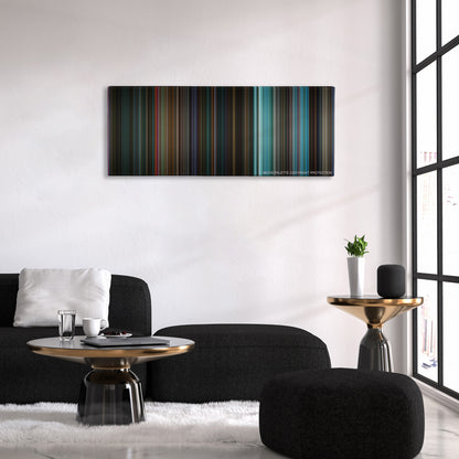 John Wick: Chapter 2 color palette canvas above a black sofa with a gold-topped table