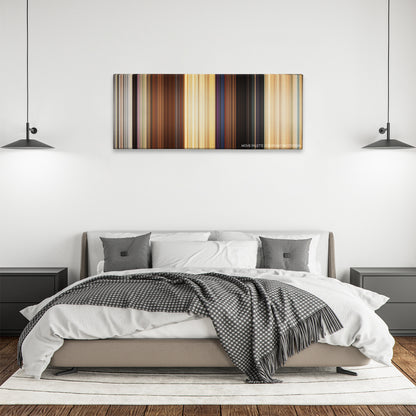 The Inbetweeners color palette canvas above a bed, between two black pendant lamps