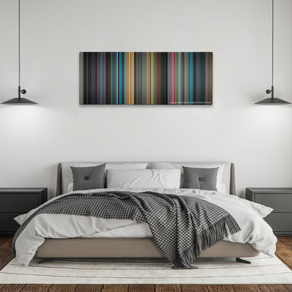Surrogates color palette canvas above a bed, between two black pendant lamps