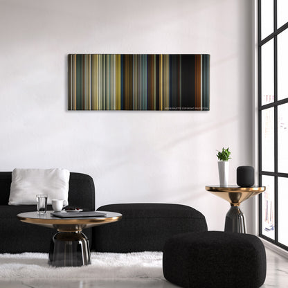 Sicario color palette canvas above a black sofa with a gold-topped table