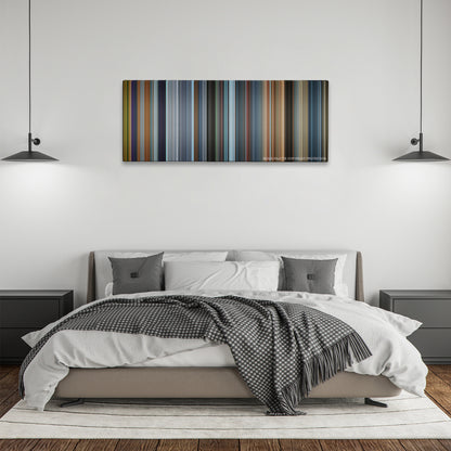 Fast & Furious Presents: Hobbs & Shaw color palette canvas above a bed, between two black pendant lamps