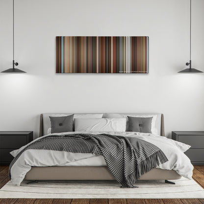 Anchorman 2: The Legend Continues color palette canvas above a bed, between two black pendant lamps