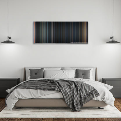 30 Days of Night color palette canvas above a bed, between two black pendant lamps