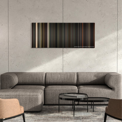 As Above, So Below color palette canvas on a concrete wall above a gray sectional sofa