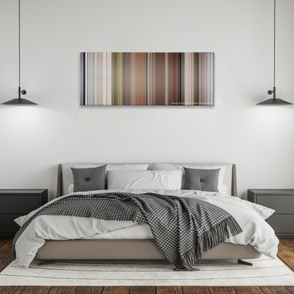 Planet of the Apes color palette canvas above a bed, between two black pendant lamps