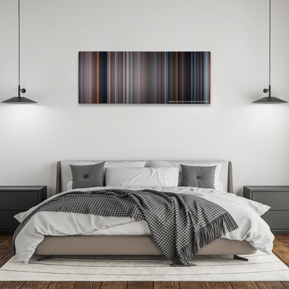 Tucker and Dale vs Evil color palette canvas above a bed, between two black pendant lamps
