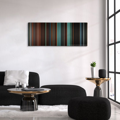 Cloverfield color palette canvas above a black sofa with a gold-topped table
