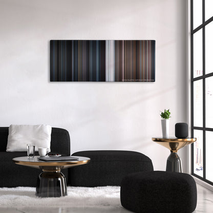 Room color palette canvas above a black sofa with a gold-topped table